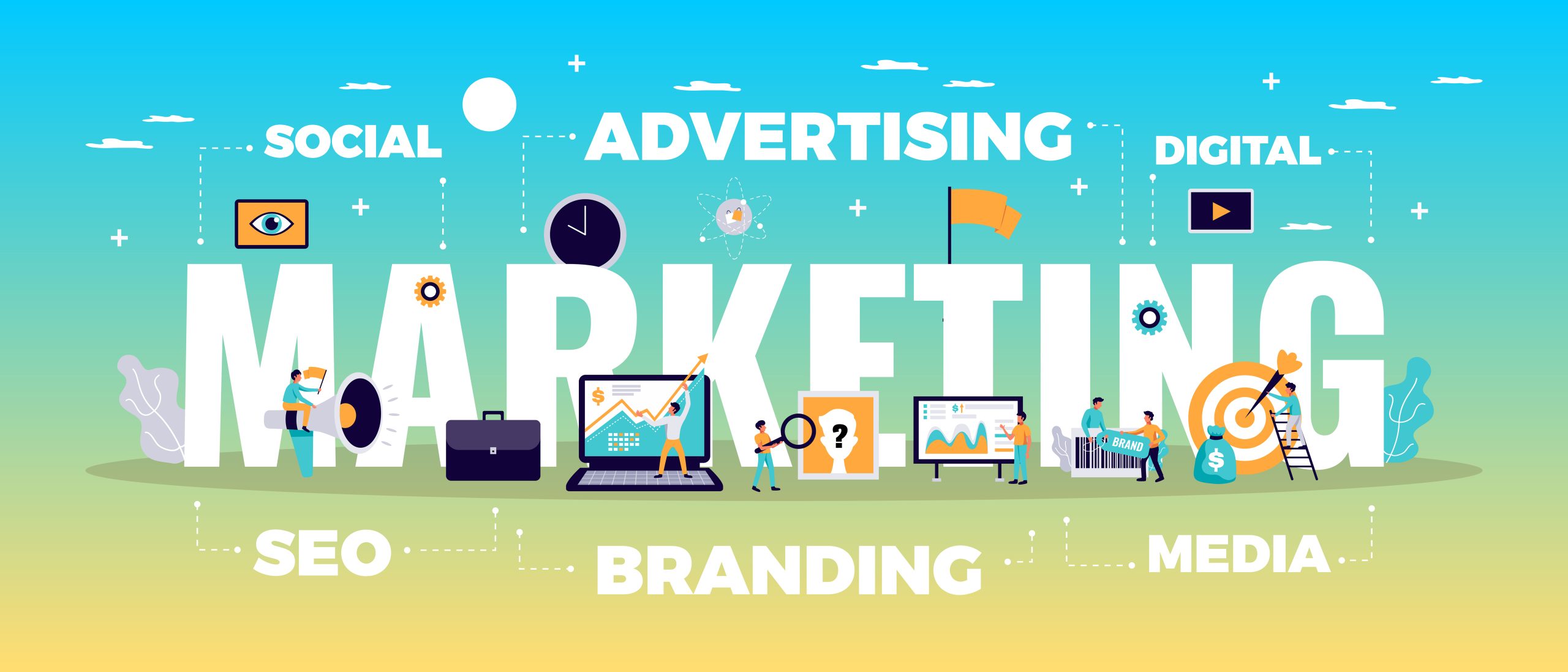 Digital marketing banner containing important tools for any businesses.